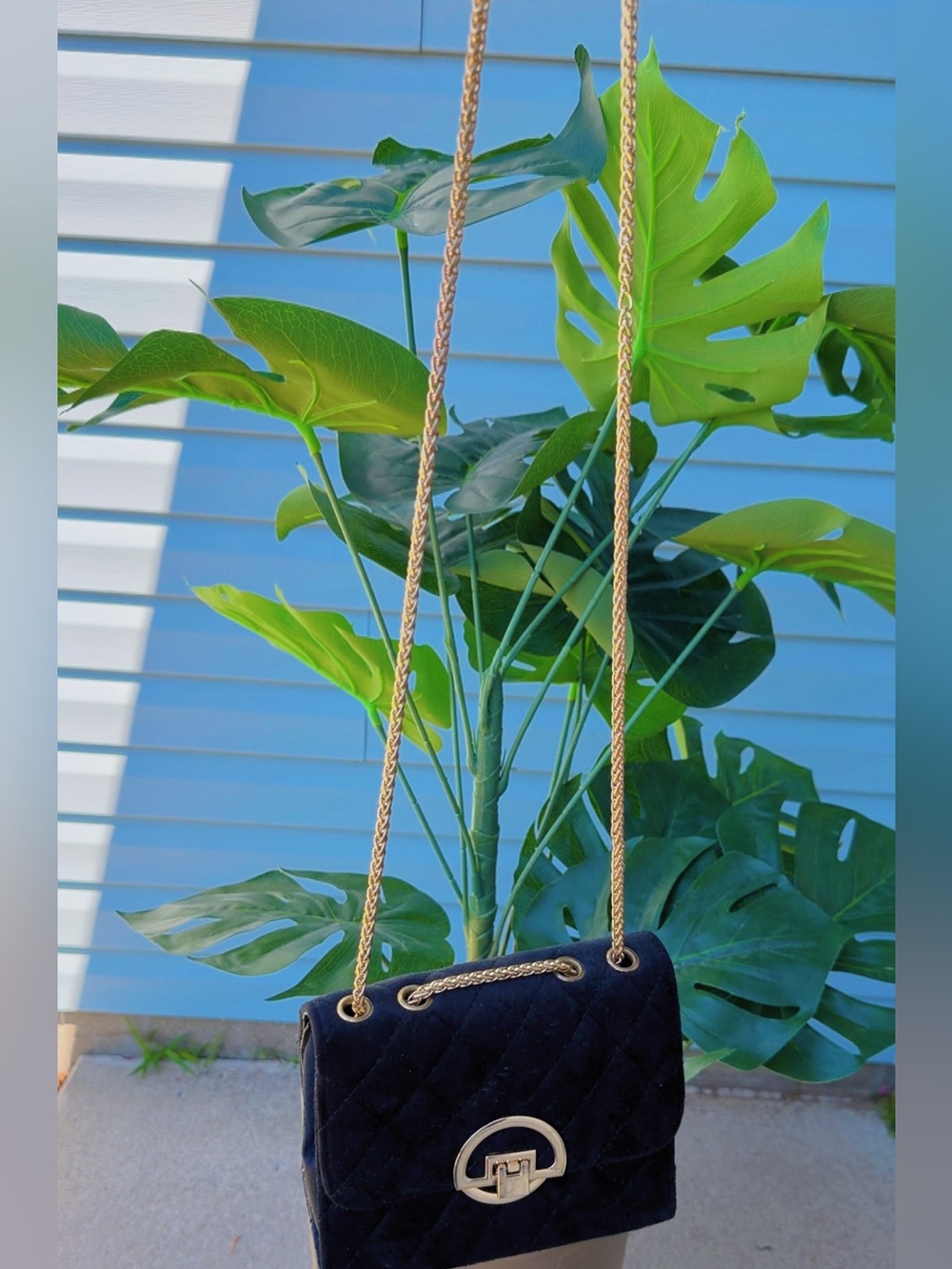 Quilted Black Velvet Crossbody Bag with Gold Chain